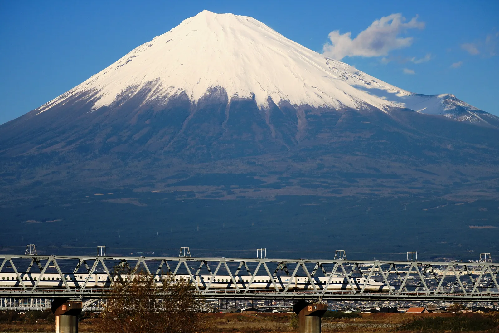 An N700 Shinkansen crosses the Fuji River with snow-capped Mount Fuji behind it